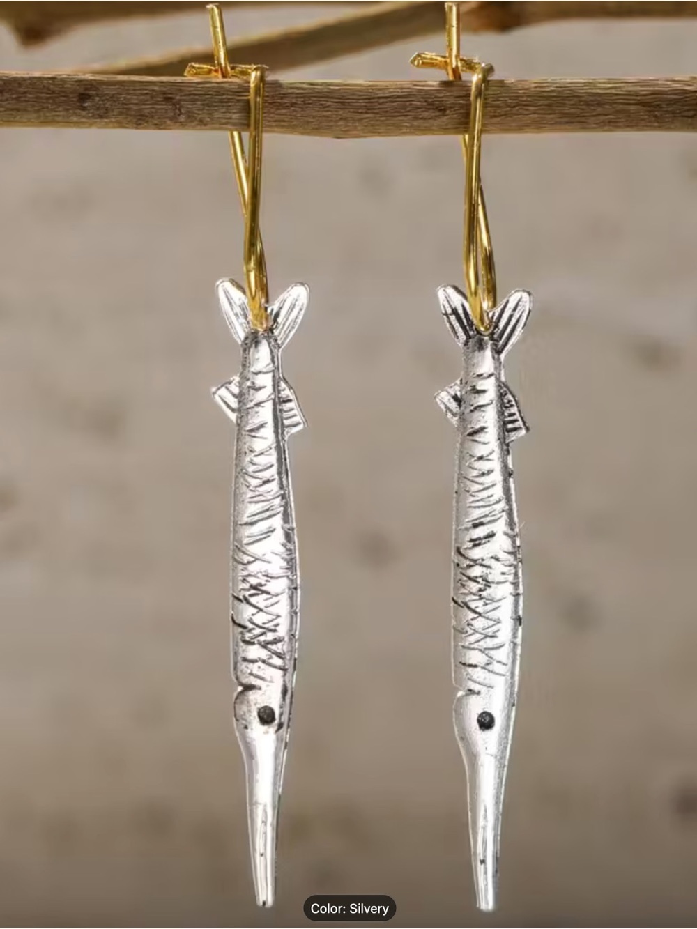Silvery Fish Dangle Earrings with Gold Hooks